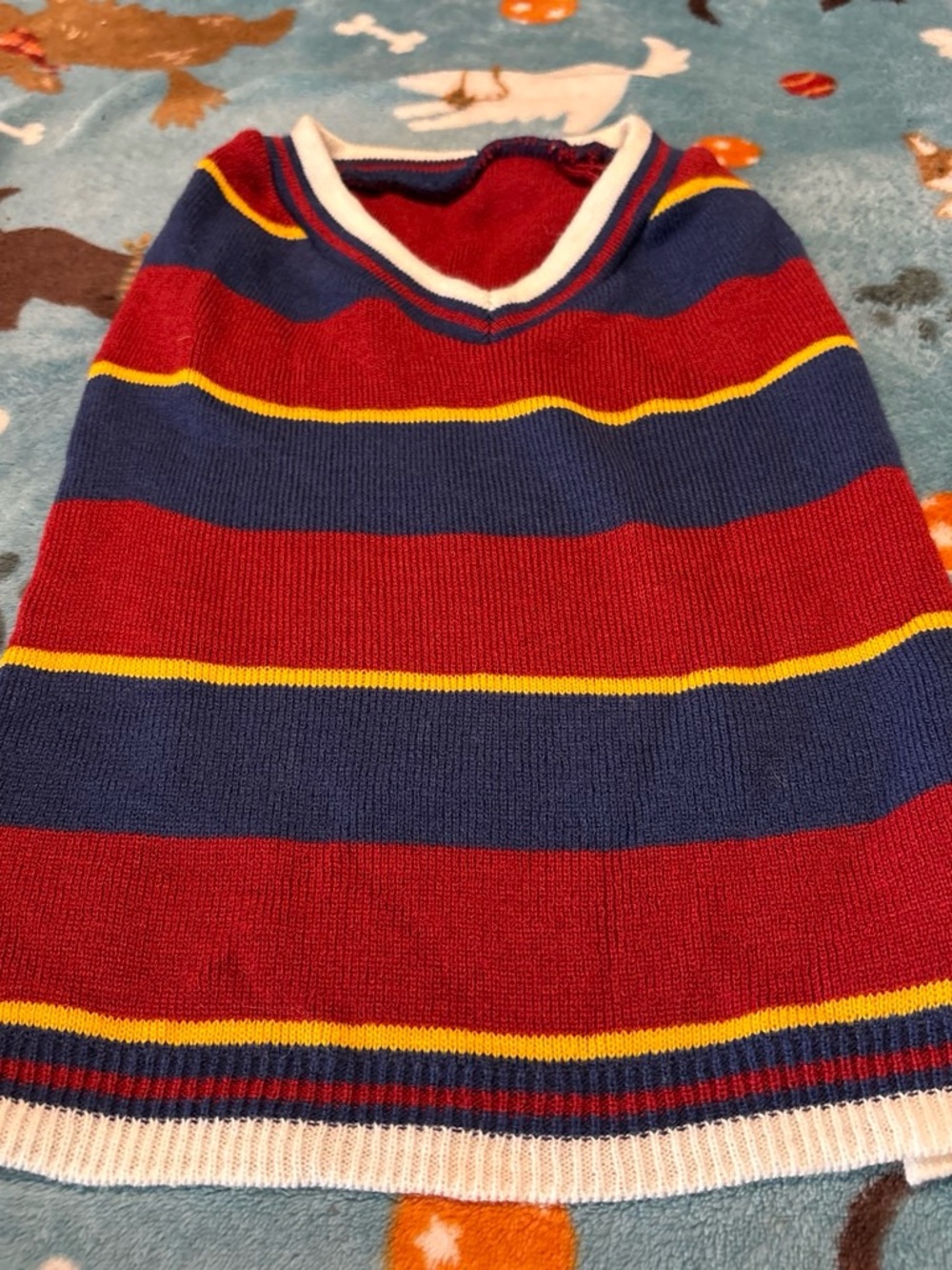Striped V-Neck Small Pet Sweater Vest in Red, Blue & Yellow small/medium